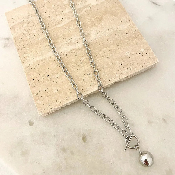 925 Sterling Silver Chunky Toggle Ball Necklace Minimalist Ball Necklace - Picture 3 of 4